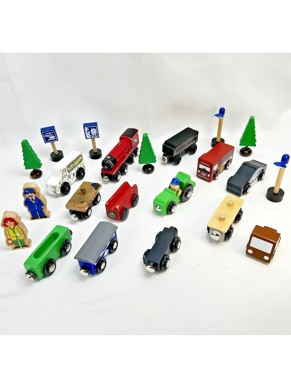 Brio Compatible Wooden Trains Cars Trees Figures & Signs Large Lot